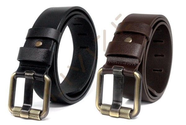 2'Li Hakiki Deri Antik Sarı Boru Tokalı 4,5cm Siyah/Kahverengi Kot Kemeri