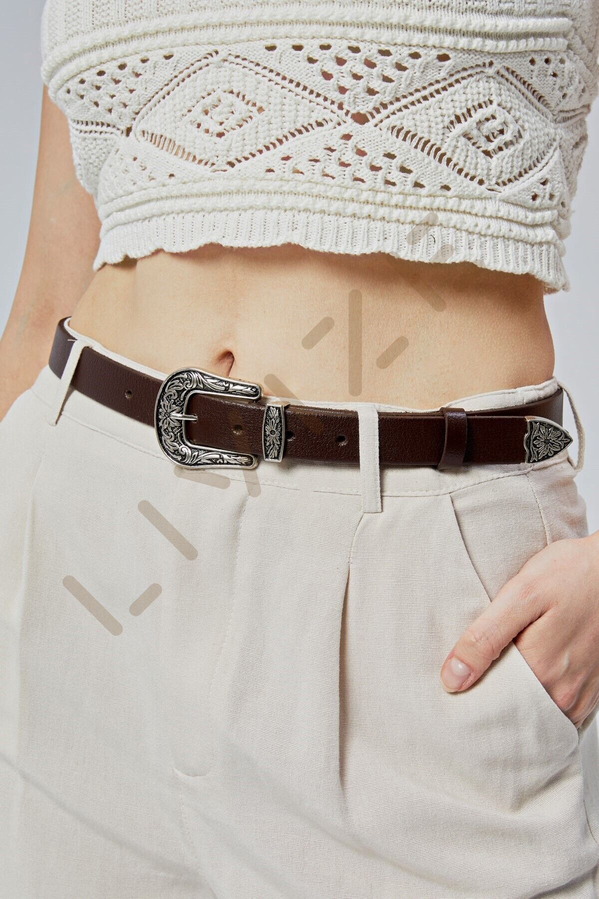 Hakiki Deri Kadın Kemer 2,5 cm Gümüş Desenli Toka Kahverengi